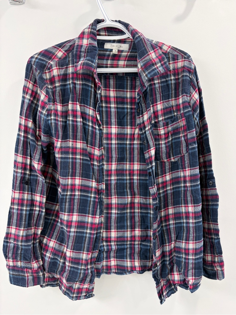 Eden & Olivia - Navy & Pink Plaid Flannel Shirt Jacket - Medium